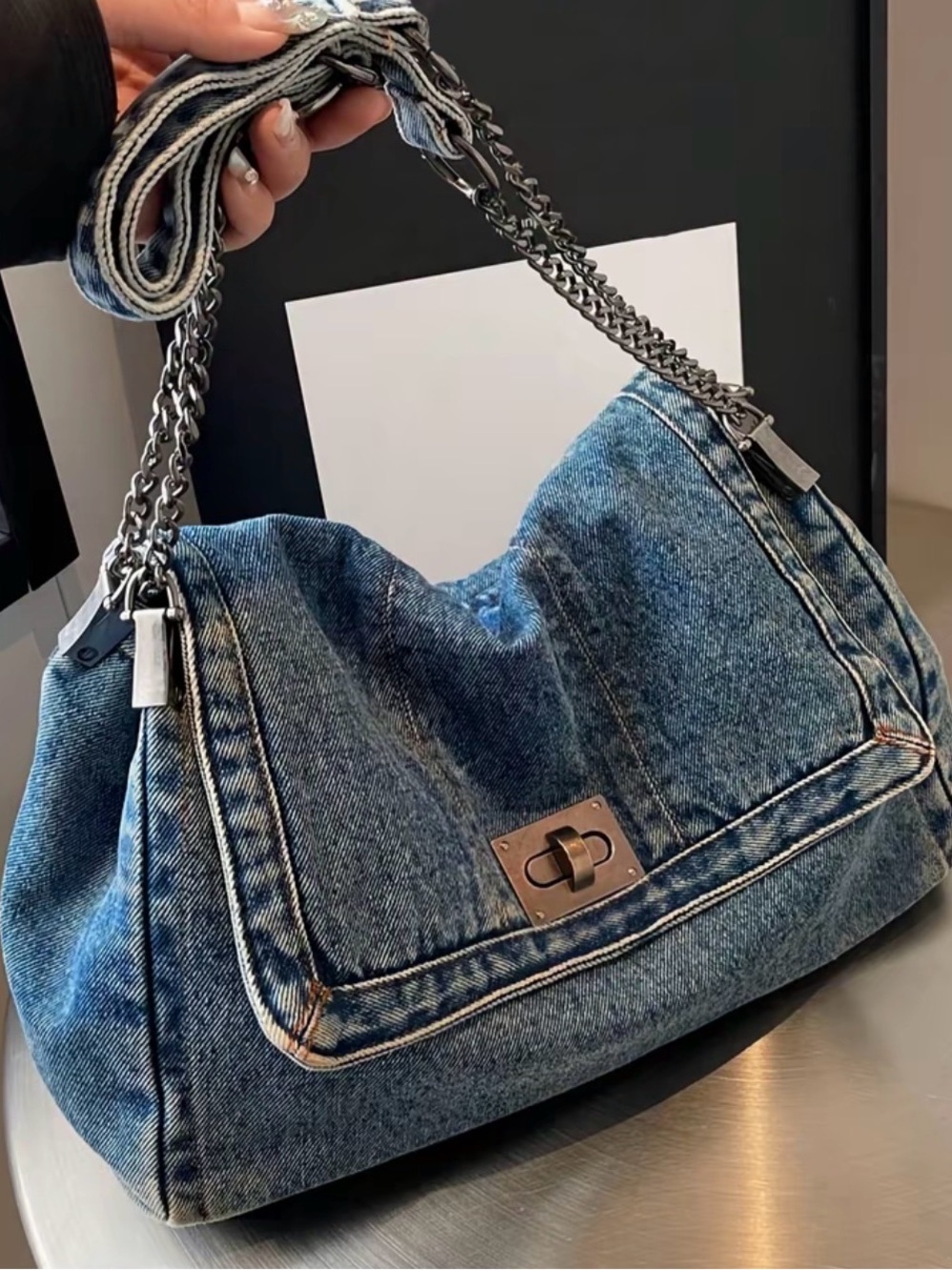 Denim Shoulder Bag with Chain Detail - Blue